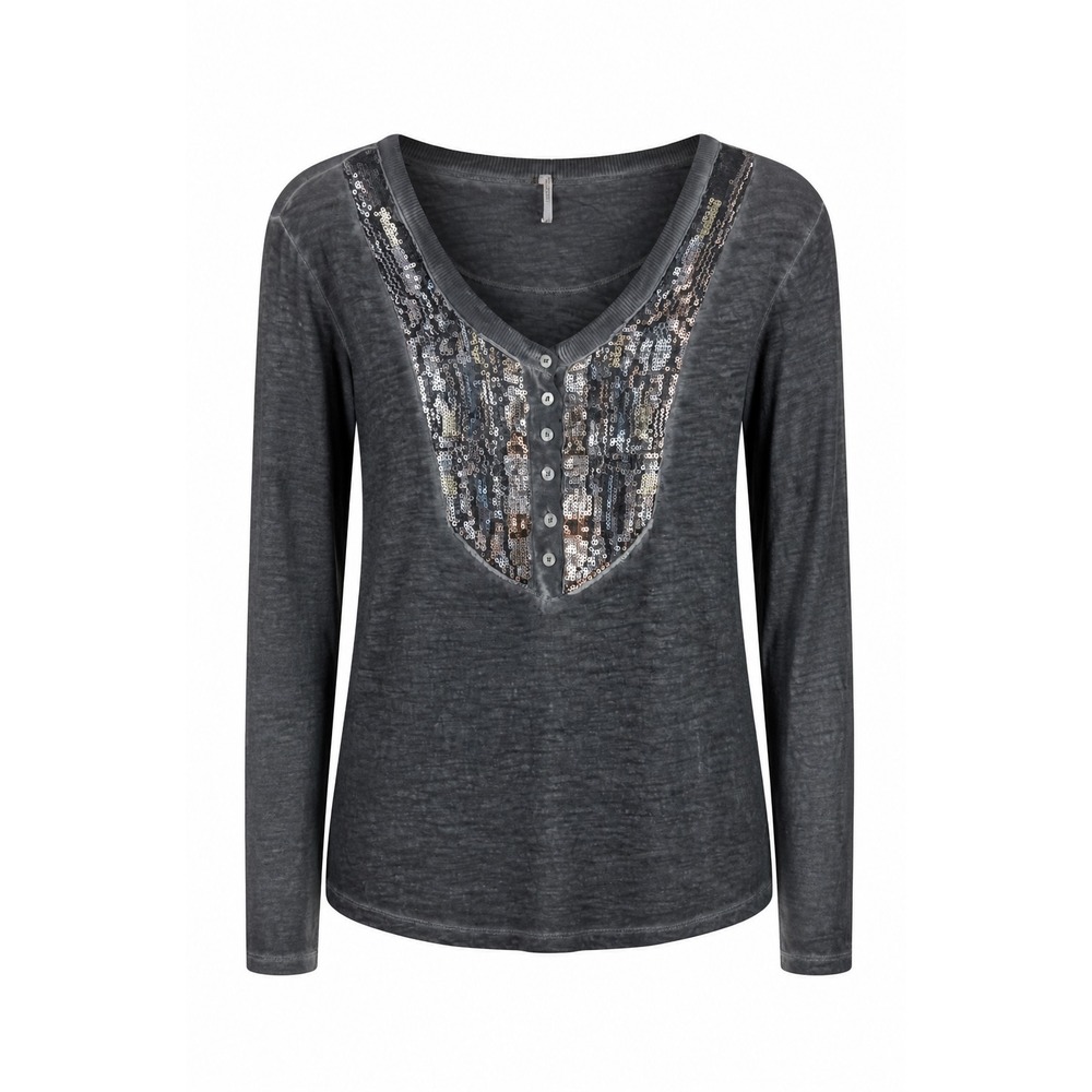 Free People Gray Sequin Henley Top Womens S Long Sleeve Burnout Boho Casual